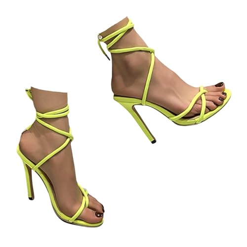 Pumps Damen Riemchenpumps High Heels Schuhe Elegant Stiletto Schuhe Open Toe Brautschuhe Schicke Spitzenschuhe Hochzeitsschuhe Abendschuhe für Dating Party (Yellow, 40.5) von Xbemkste