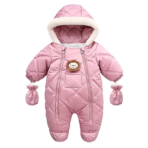 Schneeanzug Baby Schneeanzug Kinder Kleinkind Jungen Winter verdicken Mantel Cartoon Kapuzenjacke Schneeanzug mit Handschuhen Kleinkind winddicht warmer Overall Mädchen Winterjacke (Pink, 9-12 Months) von Xbemkste