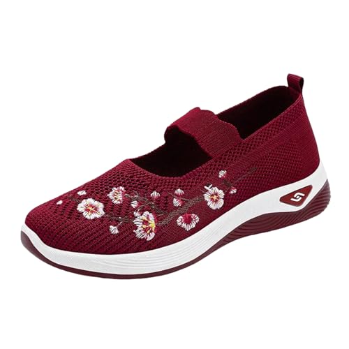 Schuhe Damen elegant atmungsaktiv, zum Hineinschlüpfen, Bequeme, Flache Sohle, leicht, einfarbig, Mutterschuhe, Flacher Mund, vielseitige Freizeitschuhe Slip on Damen (Red, 39) von Xbemkste
