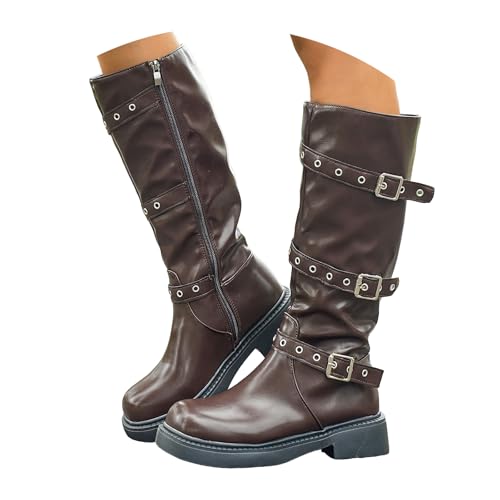 Stiefel Damen Mittelhoch Runde Zehe Kniehohe Stiefel mit seitlicher Reißverschluss Weitschaftstiefel Langschaftstiefel Long Boots Cowboystiefel Winterstiefel (Brown, 37.5) von Xbemkste