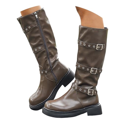 Stiefel Damen Mittelhoch Runde Zehe Kniehohe Stiefel mit seitlicher Reißverschluss Weitschaftstiefel Langschaftstiefel Long Boots Cowboystiefel Winterstiefel (Khaki, 40) von Xbemkste