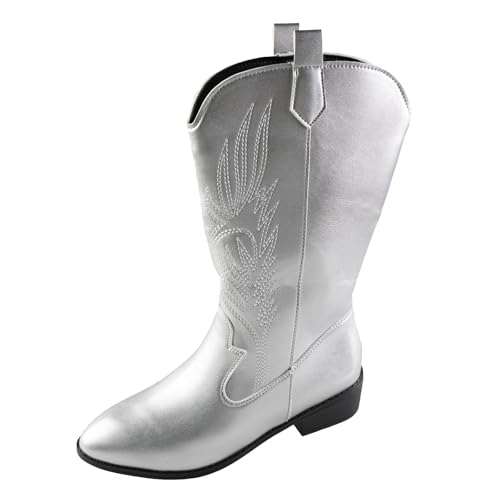 Stiefeletten Damen mit Absatz Glossy Stickereien Spitze Zehe Mitte Kalb Stiefel Glitzer Kurzschaft Boots Elegant Schlupfstiefel Wasserdicht Halbstiefel (37.5) von Xbemkste
