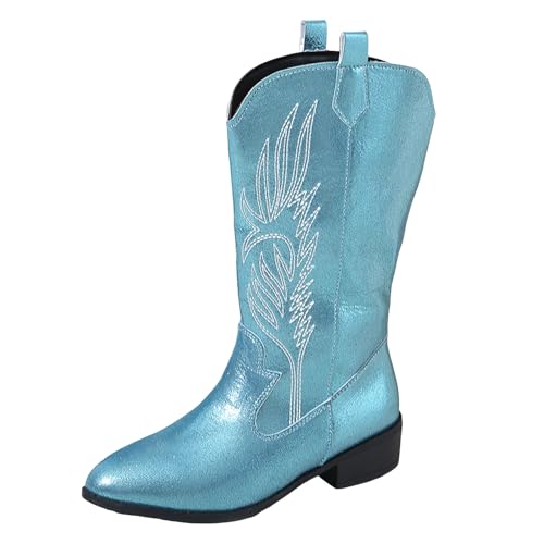 Stiefeletten Damen mit Absatz Glossy Stickereien Spitze Zehe Mitte Kalb Stiefel Glitzer Kurzschaft Boots Elegant Schlupfstiefel Wasserdicht Halbstiefel (Blue, 37) von Xbemkste