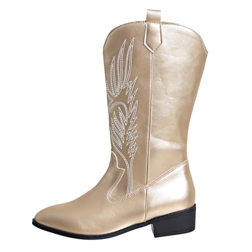 Stiefeletten Damen mit Absatz Glossy Stickereien Spitze Zehe Mitte Kalb Stiefel Glitzer Kurzschaft Boots Elegant Schlupfstiefel Wasserdicht Halbstiefel (Gold, 40.5) von Xbemkste