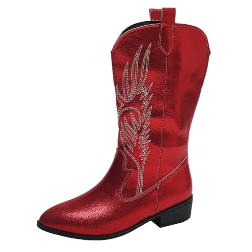 Stiefeletten Damen mit Absatz Glossy Stickereien Spitze Zehe Mitte Kalb Stiefel Glitzer Kurzschaft Boots Elegant Schlupfstiefel Wasserdicht Halbstiefel (Red, 40) von Xbemkste
