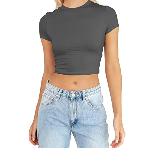 Top Damen, Eng Rundhalsausschnitt Kurzarm Crop Tops, Casual Plissiert Oberteil für Ladies Teenager Mädchen, Einfarbig T-Shirt Sommer Top von Xbemkste