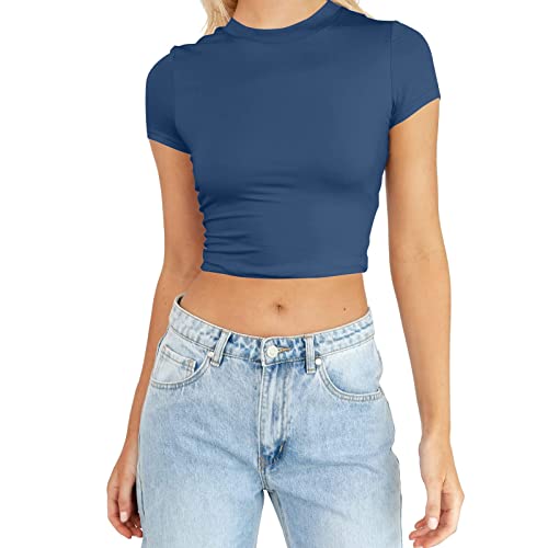 Top Damen, Eng Rundhalsausschnitt Kurzarm Crop Tops, Casual Plissiert Oberteil für Ladies Teenager Mädchen, Einfarbig T-Shirt Sommer Top von Xbemkste