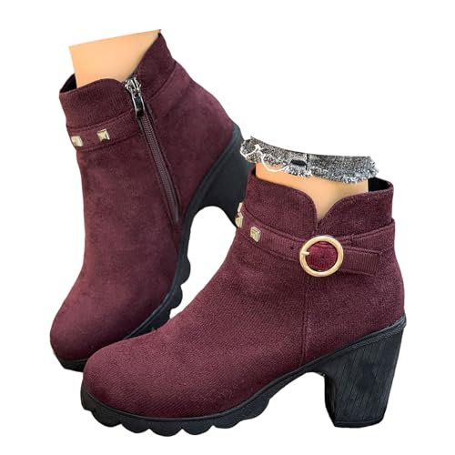 Xbemkste Ankle Boots Damen mit Absatz und Reißverschluss Runde Zehe Elegant Stiefeletten Warmes Wildlederr Winter Boots Bequemer Freizeitstiefel Knöchelstiefel Kurzstiefel (37.5) von Xbemkste