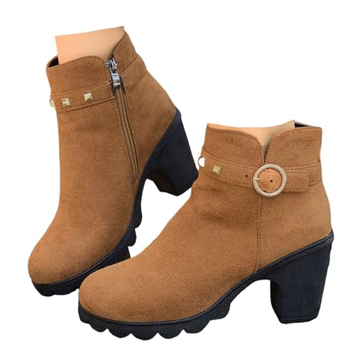 Xbemkste Ankle Boots Damen mit Absatz und Reißverschluss Runde Zehe Elegant Stiefeletten Warmes Wildlederr Winter Boots Bequemer Freizeitstiefel Knöchelstiefel Kurzstiefel (Brown, 38.5) von Xbemkste