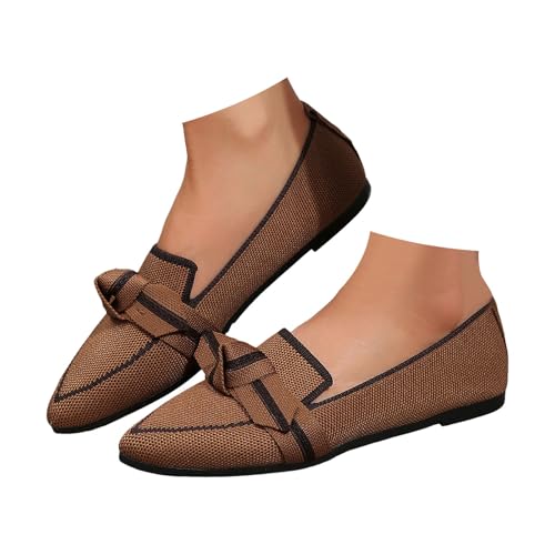 Xbemkste Ballerinas Damen Spitze Zehe Ballettschuhe mit Schleifenbesatz Slip On Walkingschuhe Knit Kleid Schuhe Bequeme Flache Schuhe Leichte Sommerschuhe für Büro,Alltag (Khaki, 37) von Xbemkste
