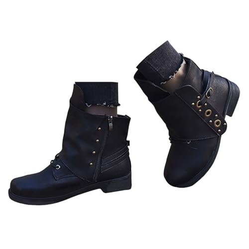 Xbemkste Biker Boots Damen Stiefeletten mit Reißverschluß Vintage Kurzschaft Westernstiefel Knöchelstiefel Cowboy Stiefel Warm Gefüttert Winterstiefel Plateau Stiefel (40.5) von Xbemkste