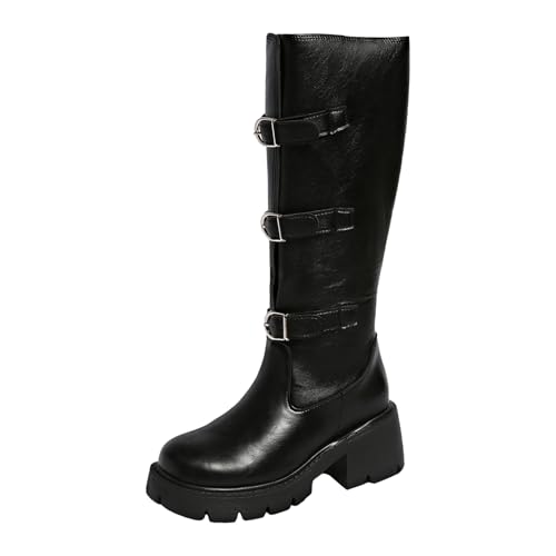 Xbemkste Biker Boots Damen mit Absatz Bequeme Rutschfest Wasserdicht Lederstiefel Gürtelschnalle Retro Schlupfstiefel Weitschaftstiefel Elegant Langschaftstiefel Kniehohe Boots (40) von Xbemkste