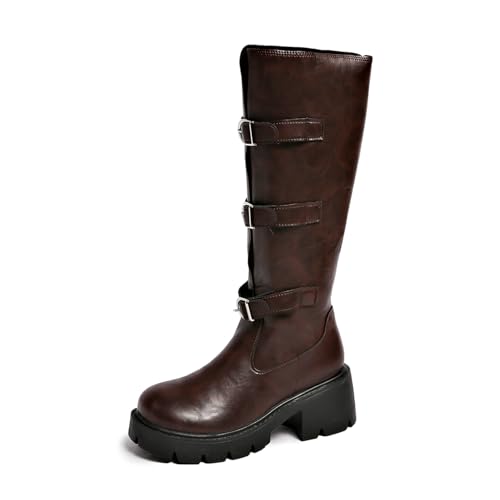 Xbemkste Biker Boots Damen mit Absatz Bequeme Rutschfest Wasserdicht Lederstiefel Gürtelschnalle Retro Schlupfstiefel Weitschaftstiefel Elegant Langschaftstiefel Kniehohe Boots (Brown, 38.5) von Xbemkste