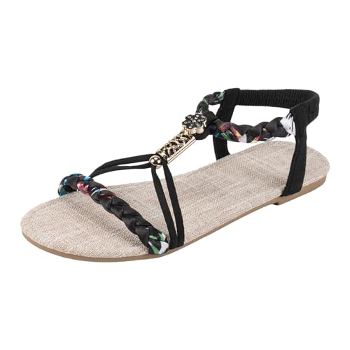 Xbemkste Bohemian Sandalen Damen Sommersandalen Blumen Freizeit Flach Sandalette mit Strass Perlen Bohemian Strand Schuhe Riemchen Outdoorsandale Boho Sandals (35) von Xbemkste