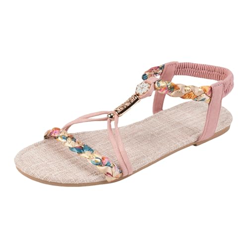 Xbemkste Bohemian Sandalen Damen Sommersandalen Blumen Freizeit Flach Sandalette mit Strass Perlen Bohemian Strand Schuhe Riemchen Outdoorsandale Boho Sandals (37.5) von Xbemkste
