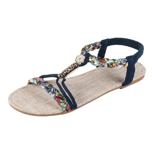 Xbemkste Bohemian Sandalen Damen Sommersandalen Blumen Freizeit Flach Sandalette mit Strass Perlen Bohemian Strand Schuhe Riemchen Outdoorsandale Boho Sandals (Dark Blue, 40) von Xbemkste
