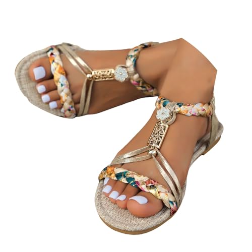 Xbemkste Bohemian Sandalen Damen Sommersandalen Blumen Freizeit Flach Sandalette mit Strass Perlen Bohemian Strand Schuhe Riemchen Outdoorsandale Boho Sandals (Gold, 41) von Xbemkste