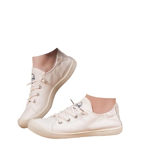 Xbemkste Canvas Schuhe Damen Lässige Sneaker Einfache Bequeme Flache Schuhe Leichte Atmungsaktive Stoffschuhe Schnürer Freizeitschuhe Walkingschuhe Halbschuhe (White, 40.5) von Xbemkste