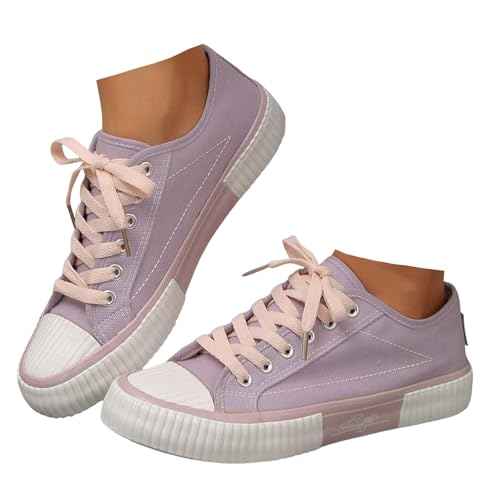 Xbemkste Canvas Schuhe Damen Sneaker Freizeitschuhe Bequeme Halbschuhe Flache Schuhe Leichte Atmungsaktive Walkingschuhe Lässige Sommerschuhe Schicke Schnürschuhe (Purple, 38.5) von Xbemkste