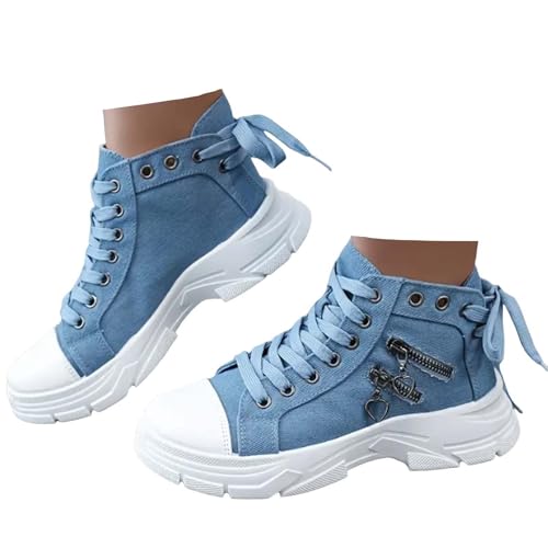 Xbemkste Canvas Schuhe Damen Sneaker mit Plateau Schicke Schnürschuhe mit Reißverschluss Sportlich Freizeitschuhe Bequeme Schuhe Damen Walkingschuhe für Alltag (Blue, 39) von Xbemkste