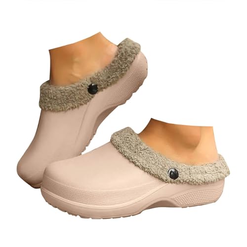 Xbemkste Clogs Gefüttert Damen Herren Winter Warme Hausschuhe Wasserdichte Gartenclogs mit Fell Plüsch Pantoletten Lined Gartenschuhe Bequeme rutschfeste Outdoor Slipper (Khaki, 37.5) von Xbemkste