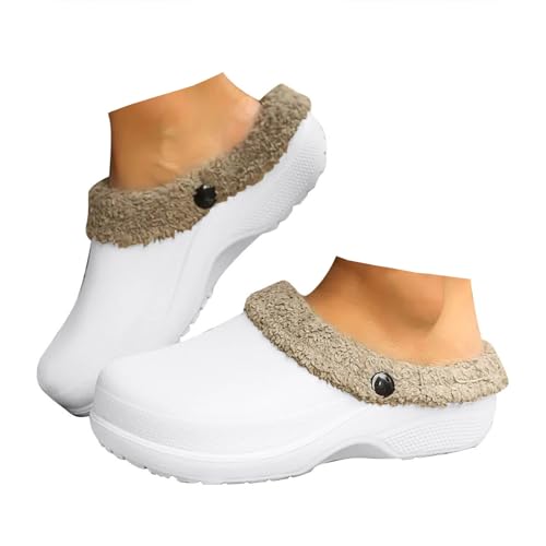 Xbemkste Clogs Gefüttert Damen Herren Winter Warme Hausschuhe Wasserdichte Gartenclogs mit Fell Plüsch Pantoletten Lined Gartenschuhe Bequeme rutschfeste Outdoor Slipper (White, 37.5) von Xbemkste