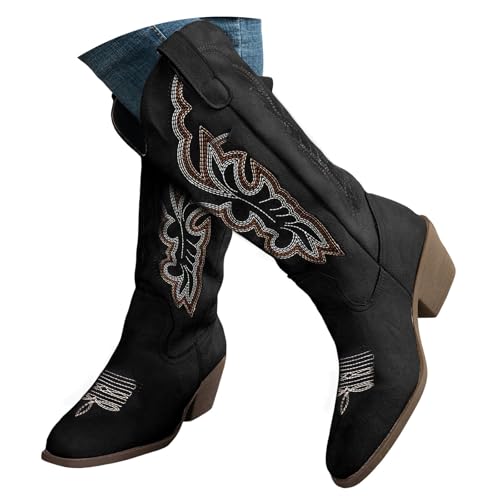Xbemkste Cowboy Boots Damen Stiefeletten mit Absatz Vintage Stickereien Westernstiefel Elegant Mittelhoch Stiefel Damen Halbstiefel Bequeme Schlupfstiefel Übergangsstiefel (40.5) von Xbemkste