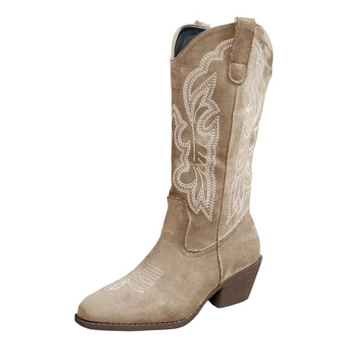 Xbemkste Cowboy Boots Damen Stiefeletten mit Absatz Vintage Stickereien Westernstiefel Elegant Mittelhoch Stiefel Damen Halbstiefel Bequeme Schlupfstiefel Übergangsstiefel (Khaki, 40) von Xbemkste