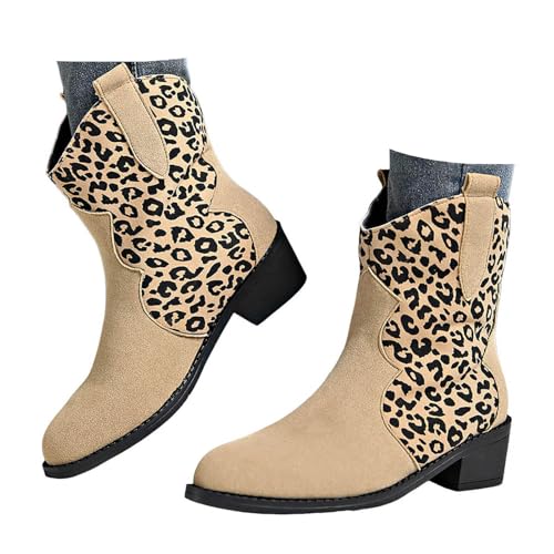 Xbemkste Cowboy Stiefel Damen Westernstiefel mit Absatz Spitze Zehe Vintage Kurzschaft Boots Schlupfstiefel Halbschaft Damenstiefel Elegant Stiefeletten Winterstiefel (Khaki, 37.5) von Xbemkste