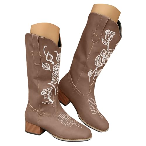 Xbemkste Cowboy Stiefel Damen mit Absatz Stickereien Halbschaft Westernstiefel Schlupfen Lange Stiefel Mittelhoch Boots Elegant Damenstiefel Rutschsicher Übergangsstiefel (Coffee, 38.5) von Xbemkste