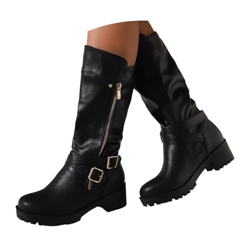 Xbemkste Cowboy Stiefel Damen mit Absatz seitlicher Reißverschluss Gürtelschnalle aus Leder Halbstiefel Mittelhoch Boots Elegant Damenstiefel Rutschsicher Winterstiefel (40) von Xbemkste