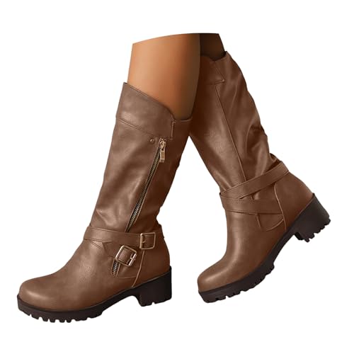 Xbemkste Cowboy Stiefel Damen mit Absatz seitlicher Reißverschluss Gürtelschnalle aus Leder Halbstiefel Mittelhoch Boots Elegant Damenstiefel Rutschsicher Winterstiefel (Brown, 40.5) von Xbemkste