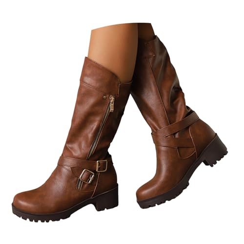 Xbemkste Cowboy Stiefel Damen mit Absatz seitlicher Reißverschluss Gürtelschnalle aus Leder Halbstiefel Mittelhoch Boots Elegant Damenstiefel Rutschsicher Winterstiefel (Yellow, 40.5) von Xbemkste