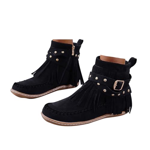 Xbemkste Cowboy Stiefeletten Damen Flache Stiefel mit Fransen Westernstiefel Cowboy Boots Retro Ankle Boots Wildleder Knöchelstiefel Elegant Kurzstiefel Weitschaftstiefel (37) von Xbemkste