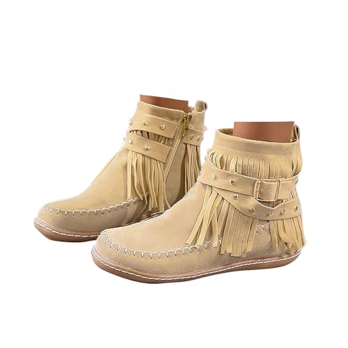 Xbemkste Cowboy Stiefeletten Damen Flache Stiefel mit Fransen Westernstiefel Cowboy Boots Retro Ankle Boots Wildleder Knöchelstiefel Elegant Kurzstiefel Weitschaftstiefel (White, 41) von Xbemkste