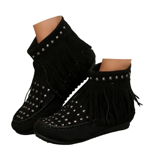 Xbemkste Cowboy Stiefeletten Damen Flache mit Quasten Ferse Reißverschluss Ankle Boots Elegant Fransenstiefel Rutschsicher Knöchelstiefel Lässige Kurz Damenstiefel (36) von Xbemkste