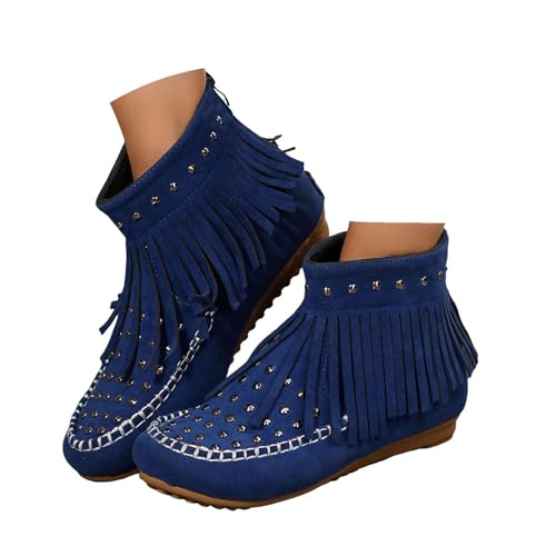 Xbemkste Cowboy Stiefeletten Damen Flache mit Quasten Ferse Reißverschluss Ankle Boots Elegant Fransenstiefel Rutschsicher Knöchelstiefel Lässige Kurz Damenstiefel (Blue, 40.5) von Xbemkste