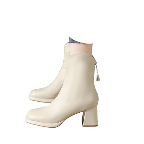 Xbemkste Cowboy Stiefeletten Damen mit Hohem Absatz Ferse Reißverschluss Lederstiefel Schicke Ankle Boots Runde Zehe Knöchelstiefel Elegant Damenstiefel Winterstiefel (Beige, 41) von Xbemkste