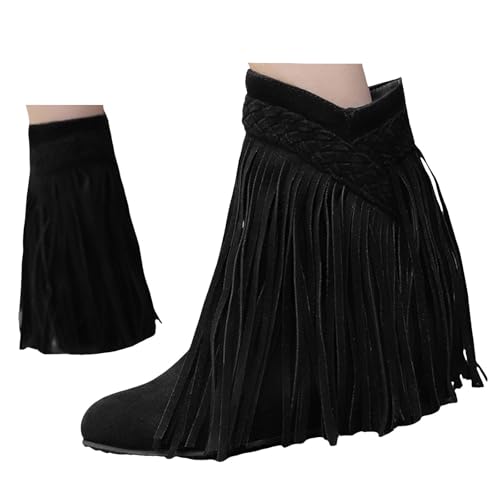 Xbemkste Cowboystiefel Damen Flache Stiefeletten mit Fransen Wildleder Westernstiefel Elegant Ankle Boots Kurz Damenstiefel Knöchelstiefel Bequemer Herbst Winter Schuhe (39) von Xbemkste