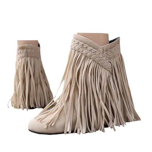 Xbemkste Cowboystiefel Damen Flache Stiefeletten mit Fransen Wildleder Westernstiefel Elegant Ankle Boots Kurz Damenstiefel Knöchelstiefel Bequemer Herbst Winter Schuhe (Beige, 34) von Xbemkste