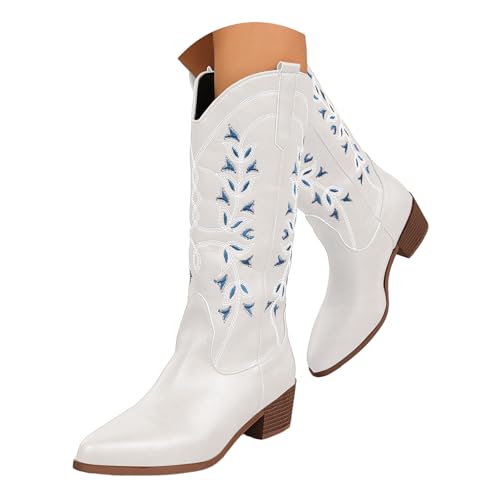 Xbemkste Cowboystiefel Damen Halbstiefel Blockabsatz Blumen Stickereien Spitze Zehe Westernstiefel Winterstiefel Halbschaft Boots Kurzschaft Boots Elegant Damenstiefel (White, 37) von Xbemkste