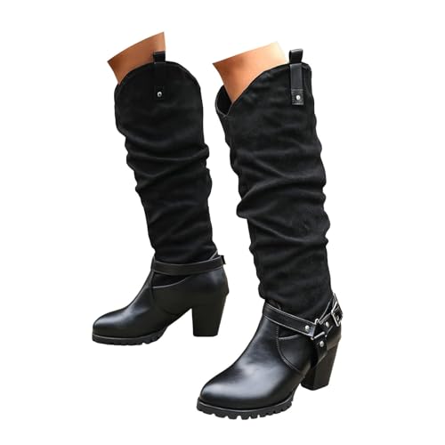 Xbemkste Cowboystiefel Damen Langschaftstiefel mit Blockabsatz Gekräuselt Gürtelschnalle Elegant Schlupfstiefel Kniehohe Boots mit Rutschfest Sohle Hohe Winterstiefel Damenstiefel (39) von Xbemkste