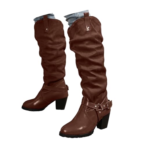 Xbemkste Cowboystiefel Damen Langschaftstiefel mit Blockabsatz Gekräuselt Gürtelschnalle Elegant Schlupfstiefel Kniehohe Boots mit Rutschfest Sohle Hohe Winterstiefel Damenstiefel (Brown, 40.5) von Xbemkste