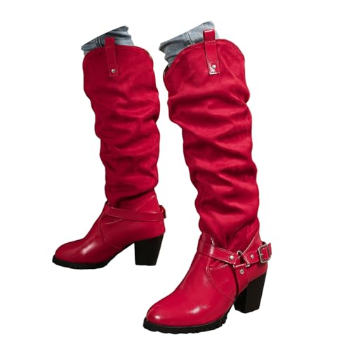 Xbemkste Cowboystiefel Damen Langschaftstiefel mit Blockabsatz Gekräuselt Gürtelschnalle Elegant Schlupfstiefel Kniehohe Boots mit Rutschfest Sohle Hohe Winterstiefel Damenstiefel (Red, 41) von Xbemkste