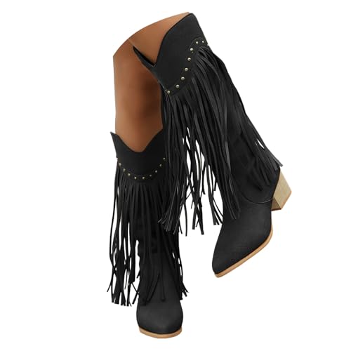 Xbemkste Cowboystiefel Damen Langschaftstiefel mit Quasten Blockabsatz Spitze Zehe Vintage Kniehohe Stiefel Westernstiefel Elegant Fransenstiefel Übergangsstiefel (39) von Xbemkste