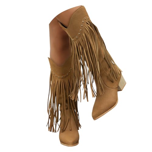 Xbemkste Cowboystiefel Damen Langschaftstiefel mit Quasten Blockabsatz Spitze Zehe Vintage Kniehohe Stiefel Westernstiefel Elegant Fransenstiefel Übergangsstiefel (Brown, 38.5) von Xbemkste