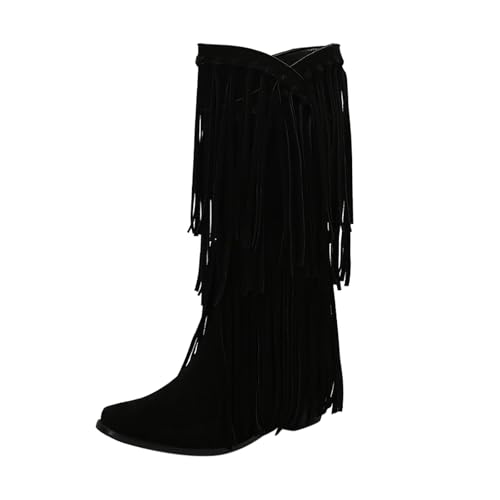 Xbemkste Cowboystiefel Damen Stiefel mit Fransen Blockabsatz Wildleder Kniehohe Boots Westernstiefel Elegant Langschaftstiefel Weitschaftstiefel Bequemer Halbstiefel (37.5) von Xbemkste