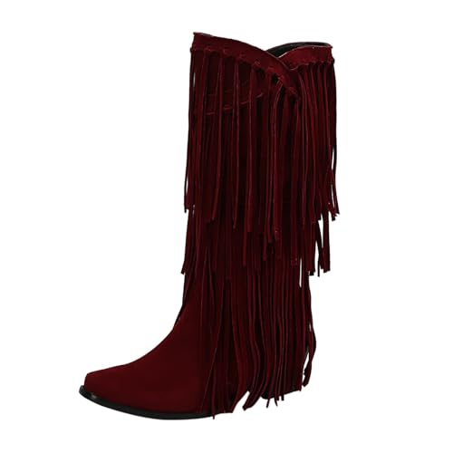 Xbemkste Cowboystiefel Damen Stiefel mit Fransen Blockabsatz Wildleder Kniehohe Boots Westernstiefel Elegant Langschaftstiefel Weitschaftstiefel Bequemer Halbstiefel (Red, 36) von Xbemkste