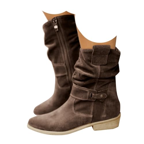 Xbemkste Cowboystiefel Damen Stiefeletten Veloursleder Blockabsatz Seitlicher Reißverschluss Westernstiefel Slouchy Boots Elegant Ankle Boots Kurzstiefel Winterschuhe (Brown, 39) von Xbemkste