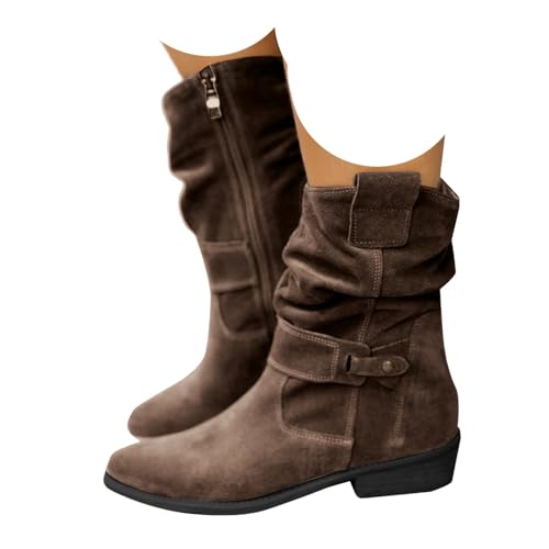 Xbemkste Cowboystiefel Damen Stiefeletten Veloursleder Blockabsatz Seitlicher Reißverschluss Westernstiefel Slouchy Boots Elegant Ankle Boots Kurzstiefel Winterschuhe (Coffee, 37) von Xbemkste